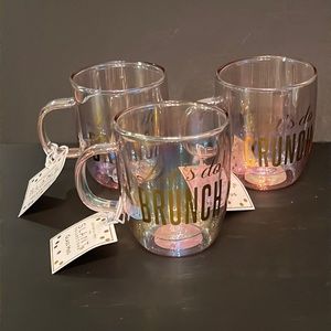 Slant double-wall iridescent glass mug w/gold letters “Let’s do BRUNCH“ 12oz-NWT
